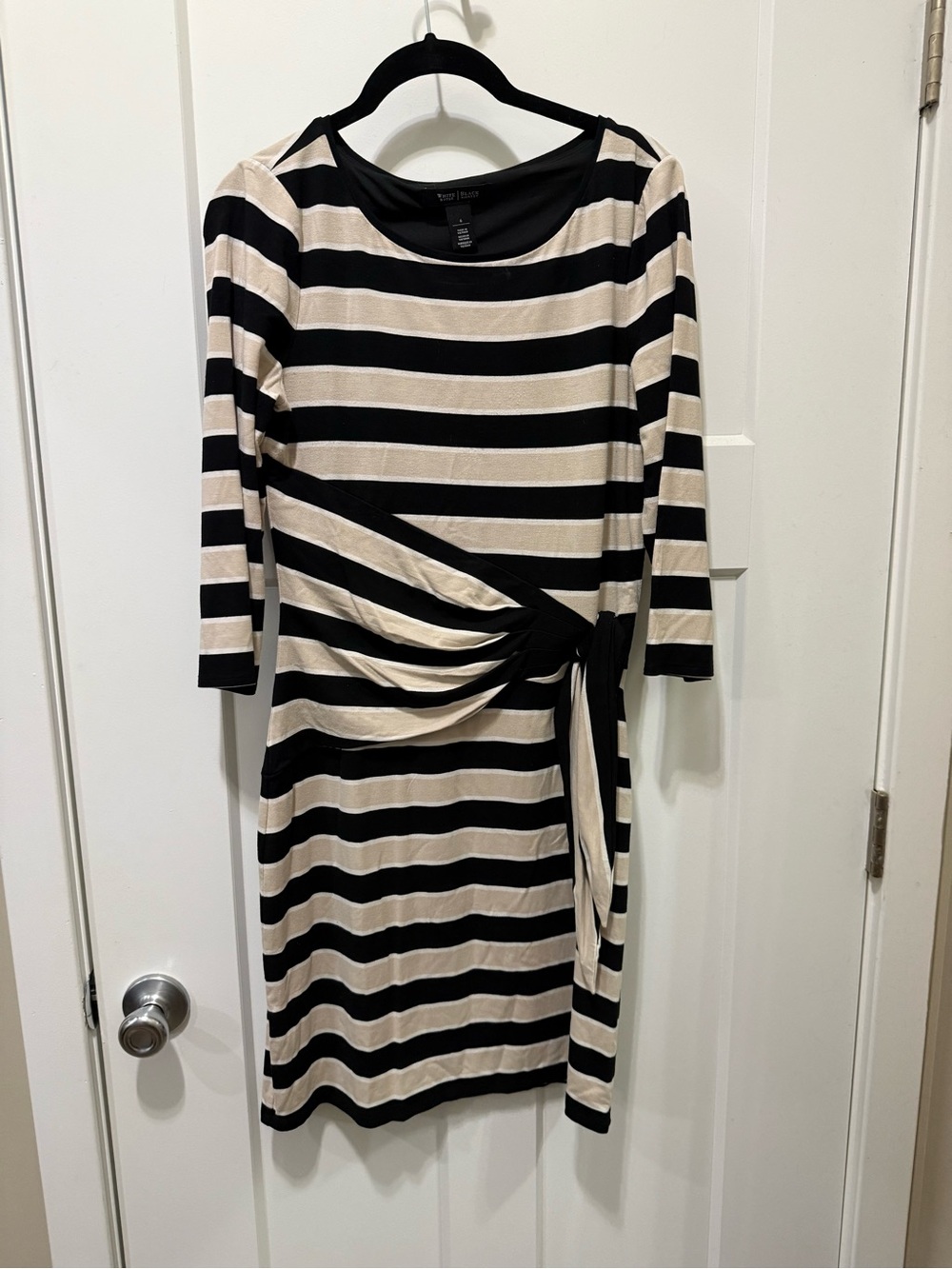White House Black Market Black and Cream Striped Long Sleeve Tie-Waist Dress